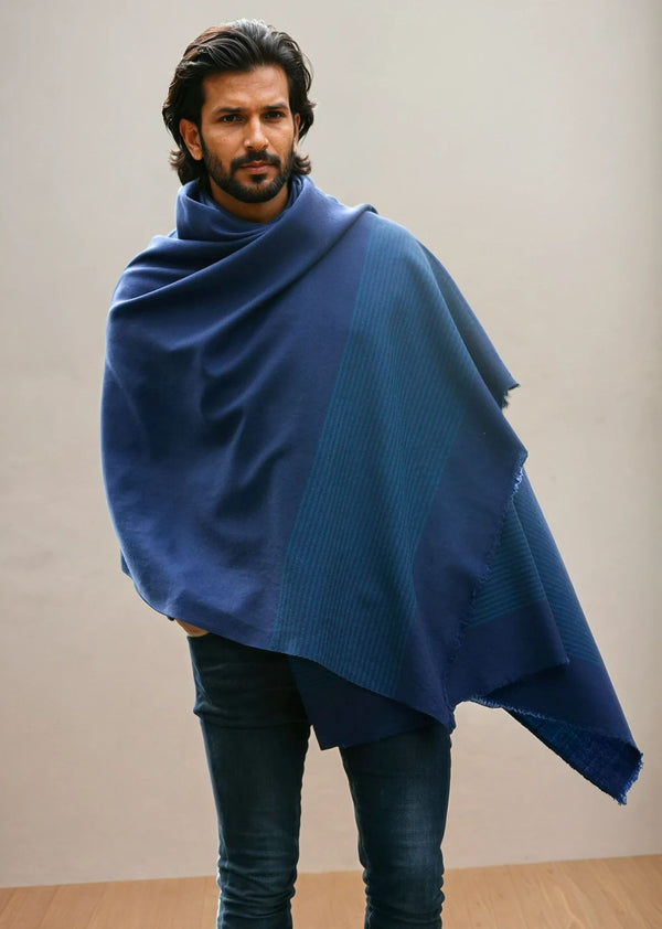 likemary Men’s Blue Merino Wool Scarf with Border Stripes