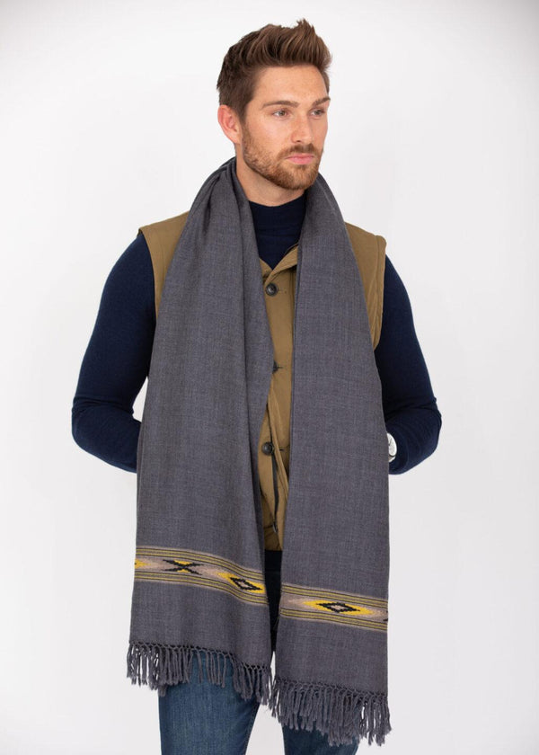 Likemary Men’s Charcoal Grey Merino Wool Scarf With Border Detail