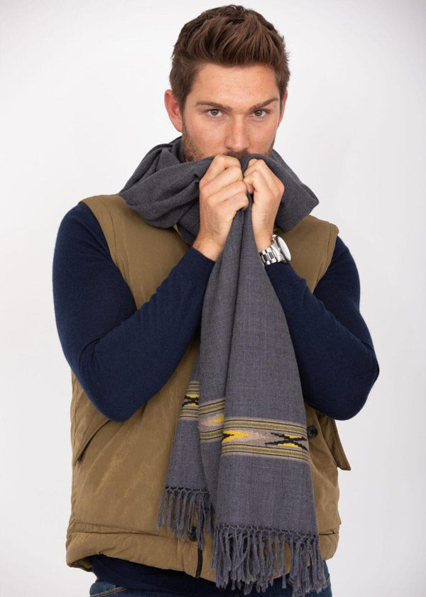 Likemary Men’s Charcoal Grey Merino Wool Scarf With Border Detail