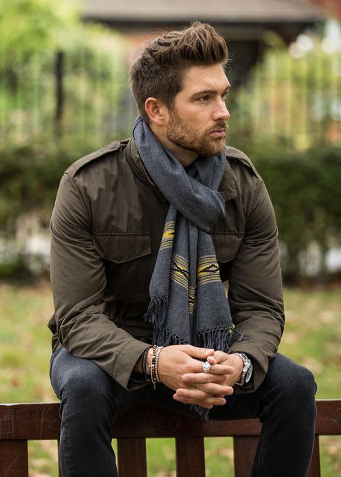 likemary Men’s Charcoal Grey Merino Wool Scarf with Border Detail