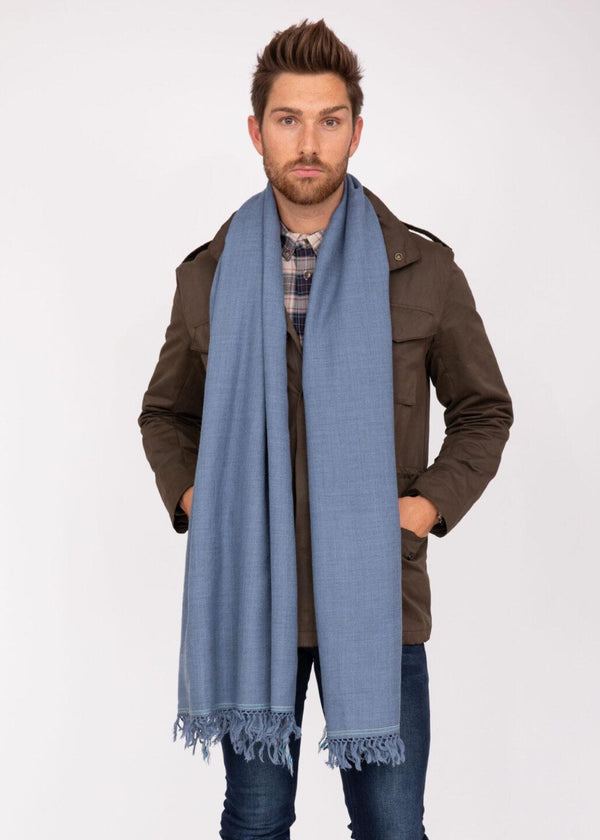 Likemary Men’s Merino Wool Overszied Scarf With Border Jeans Blue