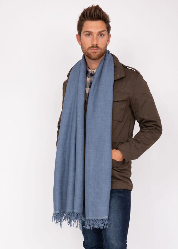 Likemary Men’s Merino Wool Overszied Scarf With Border Jeans Blue
