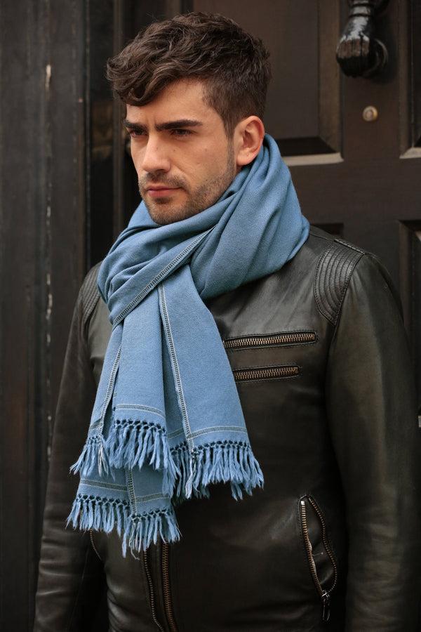 likemary Men’s Merino Wool Overszied Scarf with Border Jeans Blue