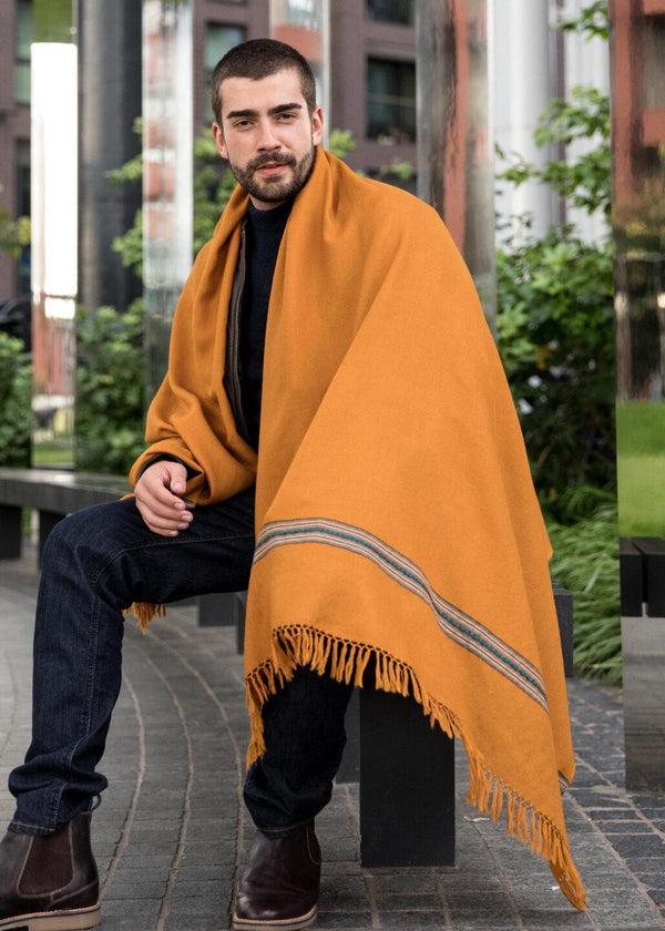 Likemary Men’s Mustard Yellow Merino Wool Scarf – Blanket Scarf With Border