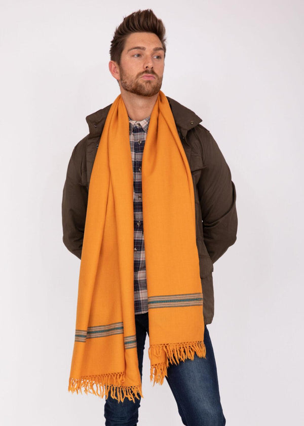likemary Men’s Mustard Yellow Merino Wool Scarf – Blanket Scarf with Border