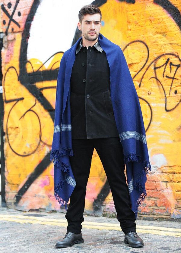 Likemary Men’s Navy Blue Merino Wool Scarf – Oversized Scarf With Border