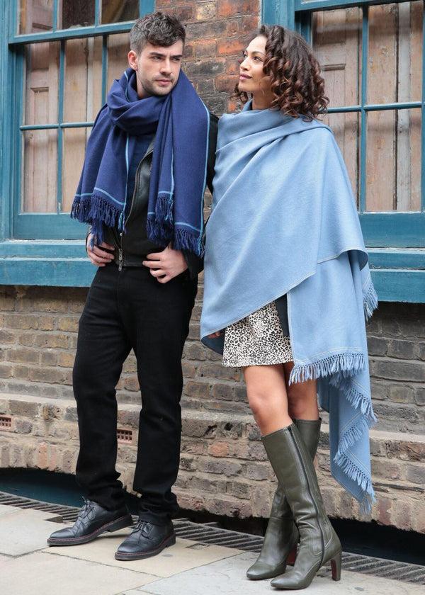 Likemary Men’s Navy Blue Merino Wool Scarf With Border Detail