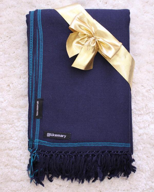 Likemary Men’s Navy Blue Merino Wool Scarf With Border Detail