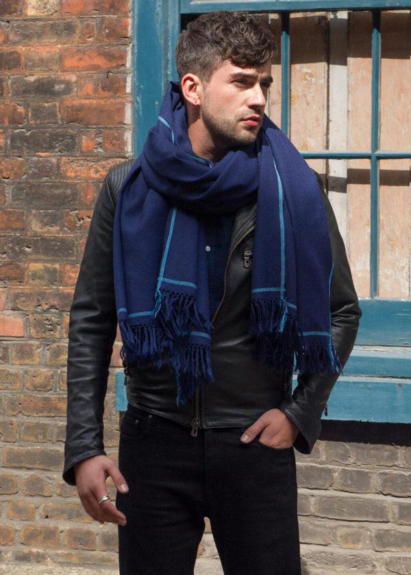 likemary Men’s Navy Blue Merino Wool Scarf with Border Detail
