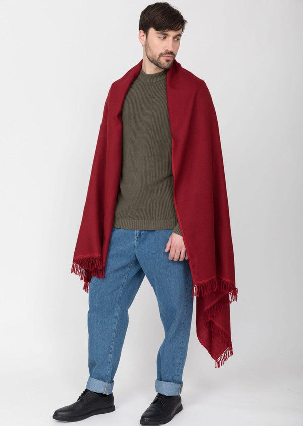 Likemary Men’s Red Merino Wool Oversized Scarf With Border