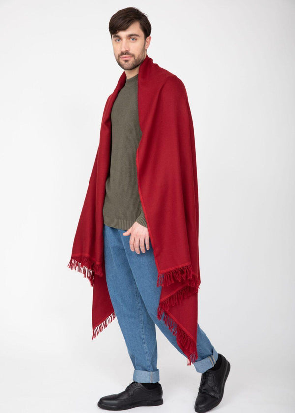 likemary Men’s Red Merino Wool Oversized Scarf with Border