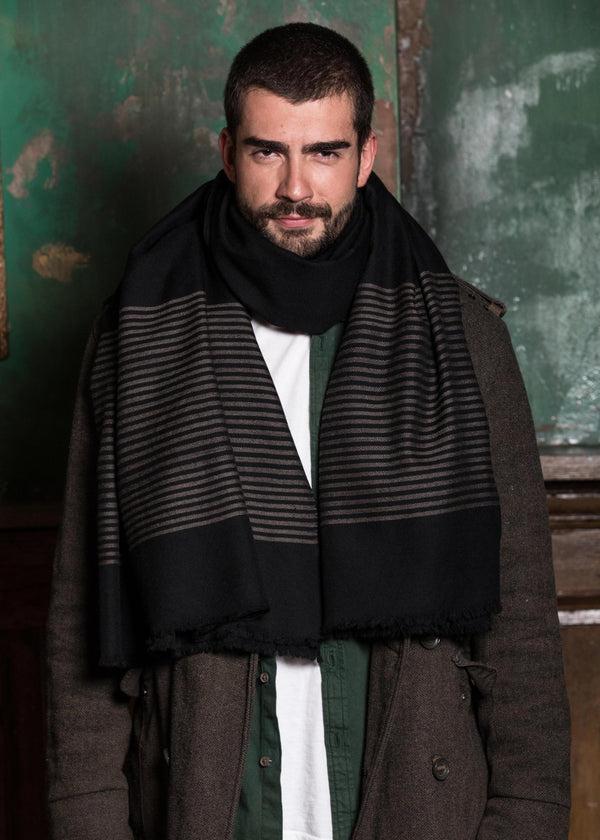 Likemary Mens Merino Wool Scarf With Border Stripes Black