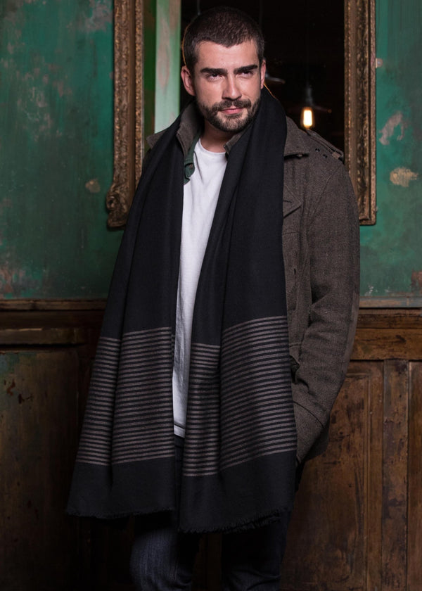 Likemary Mens Merino Wool Scarf With Border Stripes Black