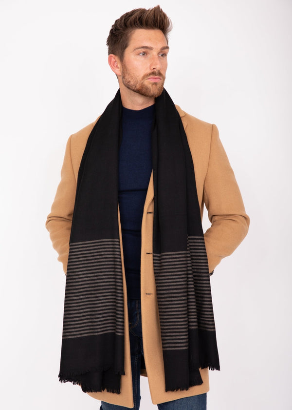 Likemary Mens Merino Wool Scarf With Border Stripes Black