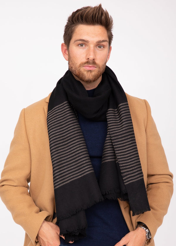 likemary Mens Merino Wool Scarf with Border Stripes Black