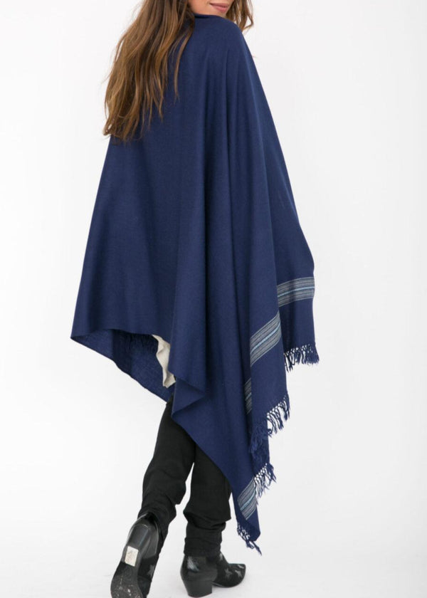 Likemary Merino Wool Blanket Scarf – Navy Blue Shawl With Mansi Border