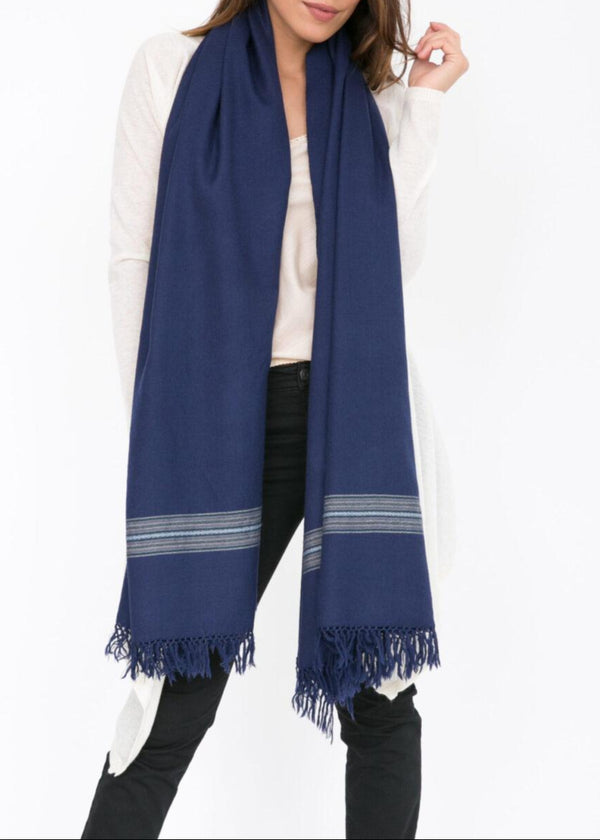 Likemary Merino Wool Blanket Scarf – Navy Blue Shawl With Mansi Border