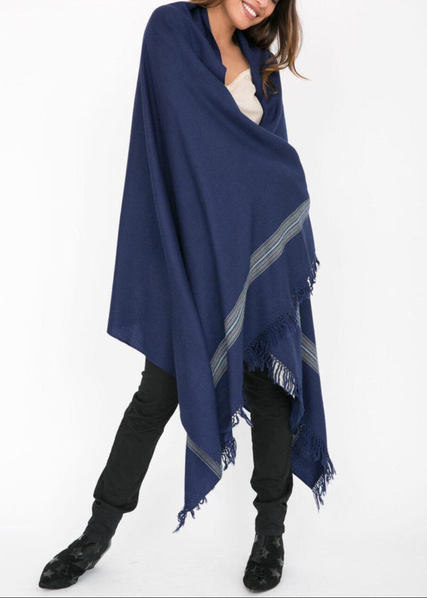 likemary Merino Wool Blanket Scarf – Navy Blue Shawl with Mansi Border
