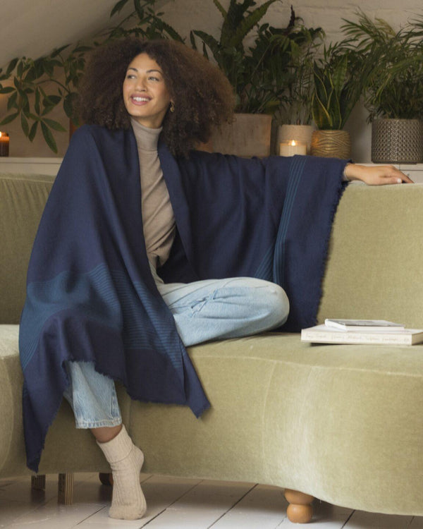 Likemary Merino Wool Blanket Scarf – Oversized Shawl Blue With Stripes
