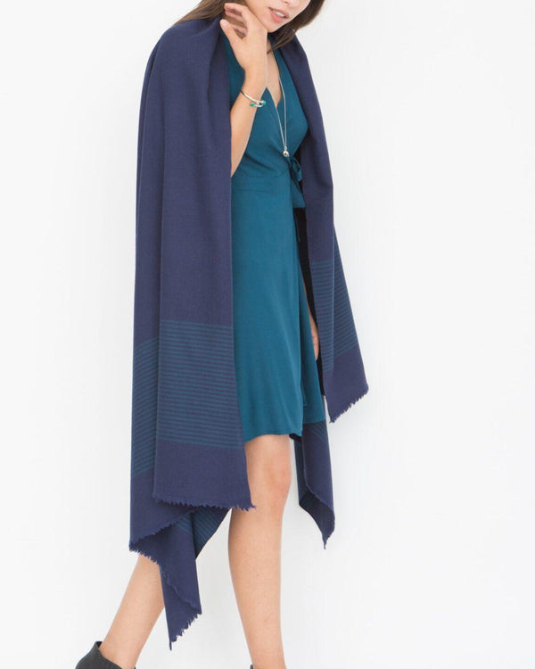 Likemary Merino Wool Blanket Scarf – Oversized Shawl Blue With Stripes