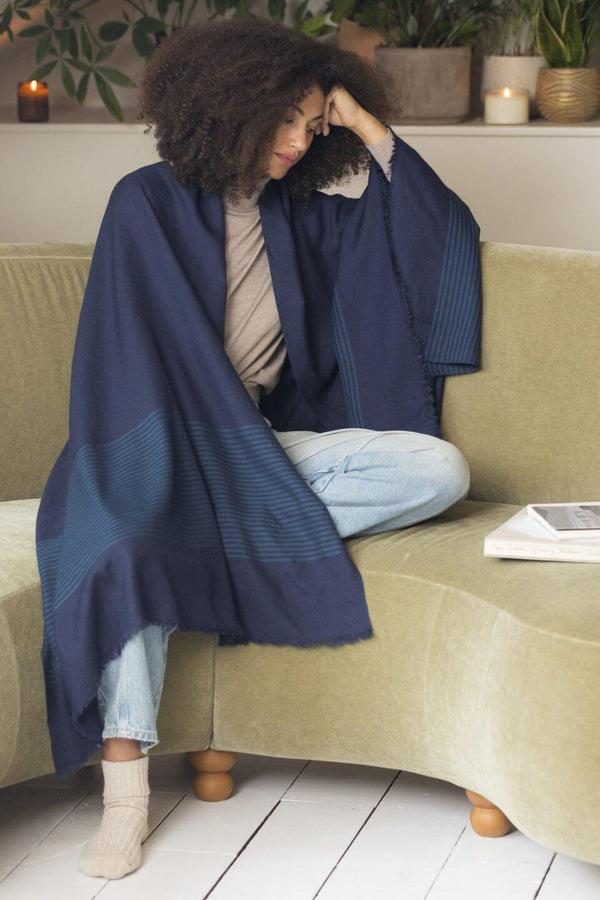 likemary Merino Wool Blanket Scarf – Oversized Shawl Blue with Stripes