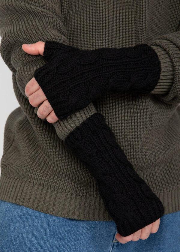 Likemary Merino Wool Cable-Knit Fingerless Gloves Men's Black