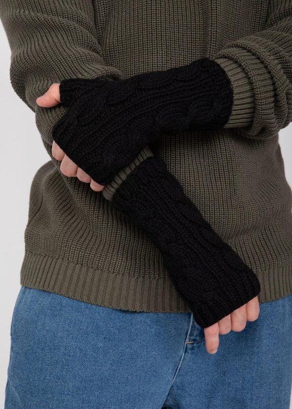 likemary Merino Wool Cable-Knit Fingerless Gloves Men's Black