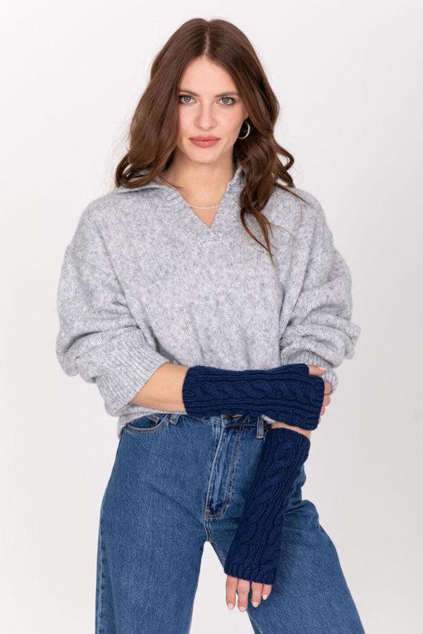 Likemary Merino Wool Cable Knitted Long Fingerless Gloves Navy Blue