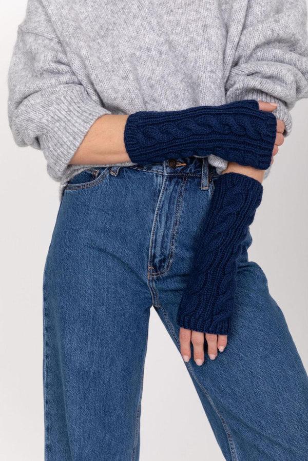 Likemary Merino Wool Cable Knitted Long Fingerless Gloves Navy Blue