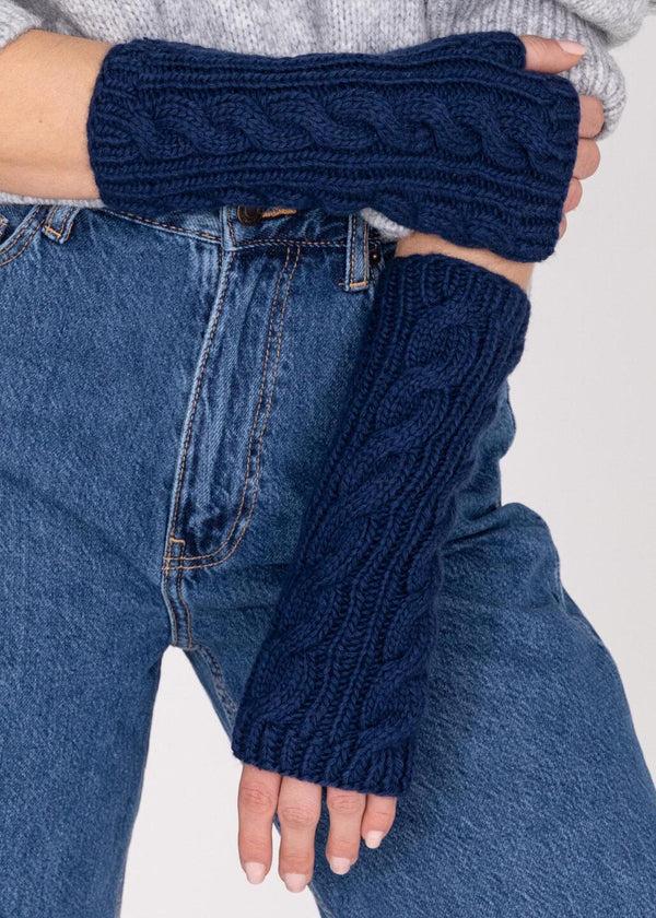 likemary Merino Wool Cable Knitted Long Fingerless Gloves Navy Blue