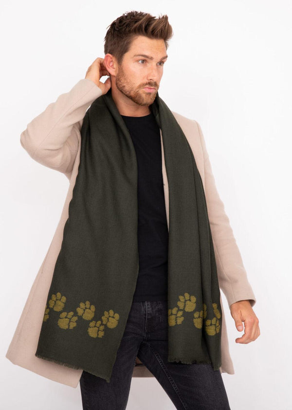 Likemary Merino Wool Handwoven Oversize Scarf With Paws Motif 72 X 200cm Camo Green