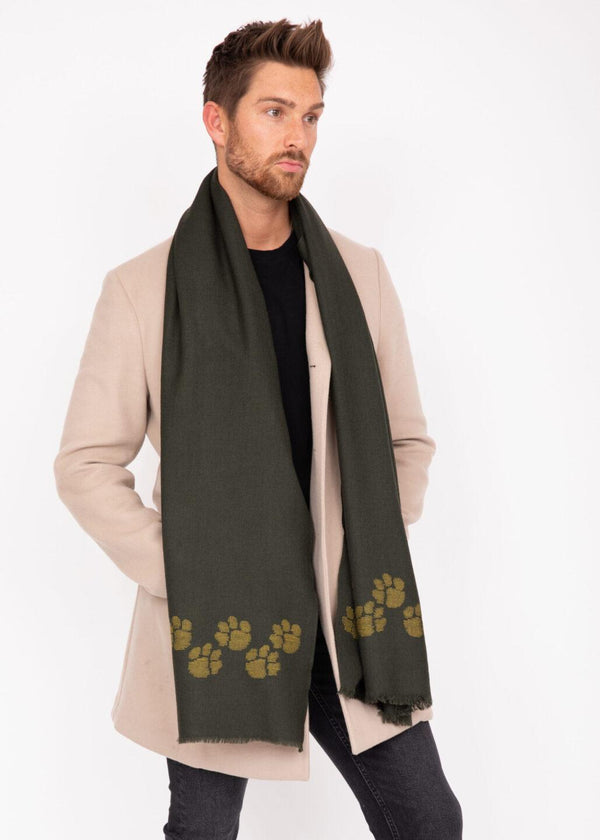 Likemary Merino Wool Handwoven Oversize Scarf With Paws Motif 72 X 200cm Camo Green