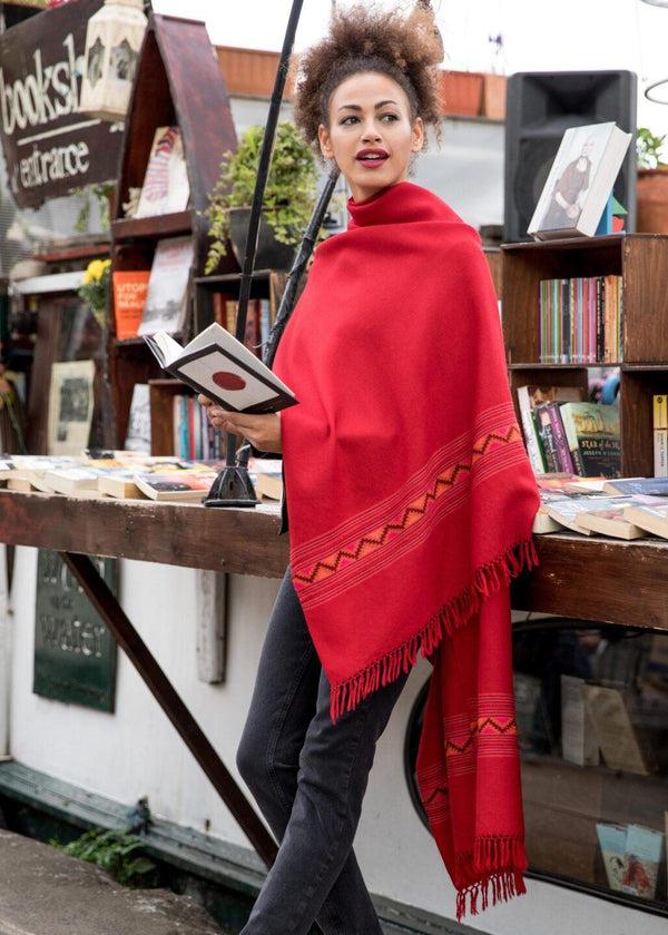 likemary Merino Wool Red Stole Shawl with Himalaya Border