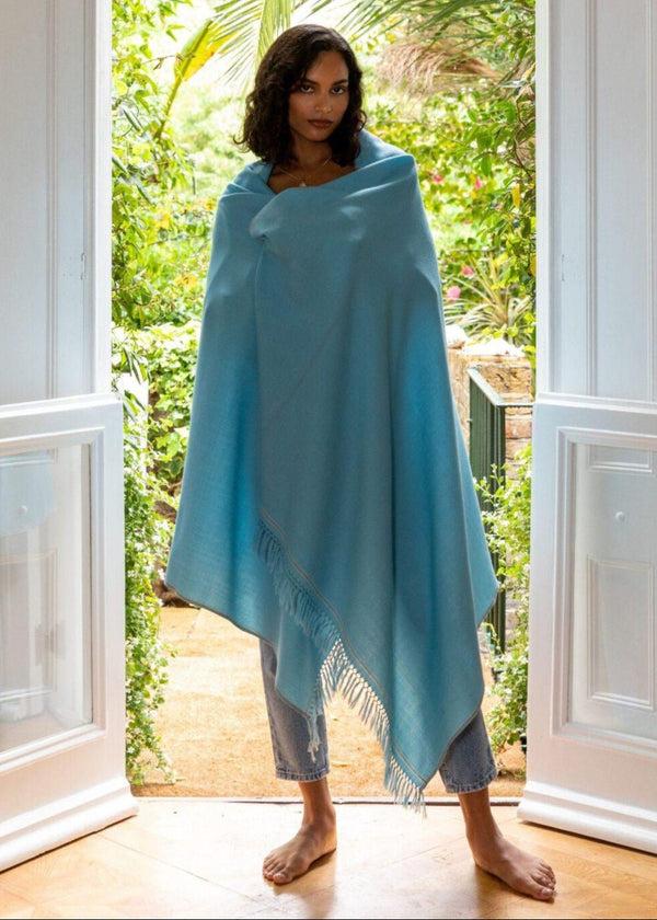 likemary Merino Wool Shawl - Oversized Scarf for Layering & Travel Crystal Blue