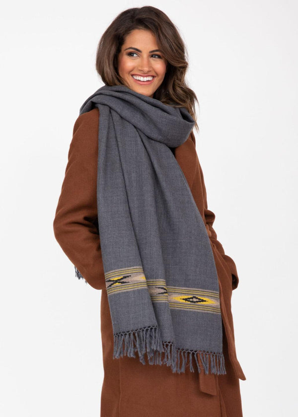 Likemary Merino Wool Stole – Charcoal Grey Scarf With Takhi Border