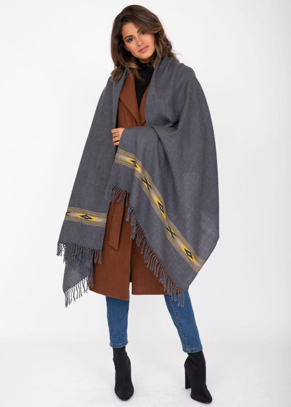 likemary Merino Wool Stole – Charcoal Grey Scarf with Takhi Border