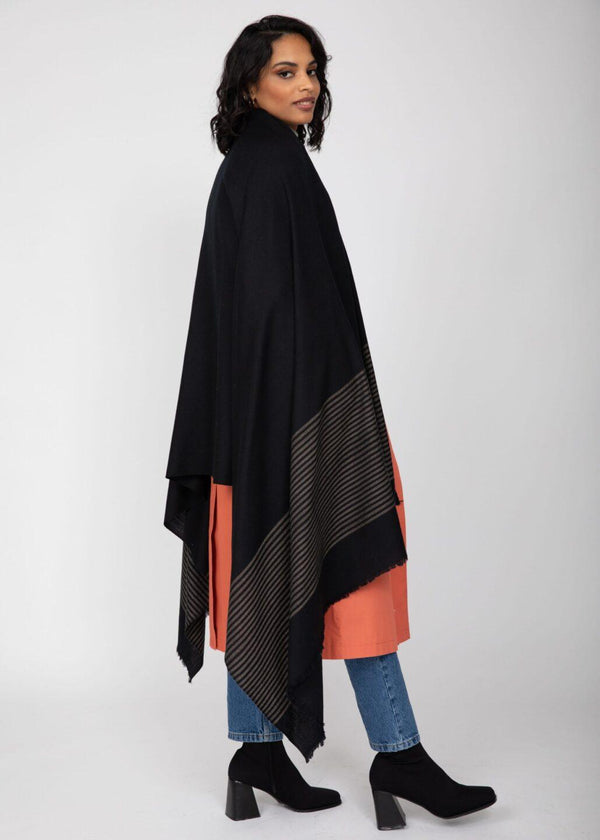 Likemary Multi-Use Merino Handmade Blanket Scarf In Black With Stripes