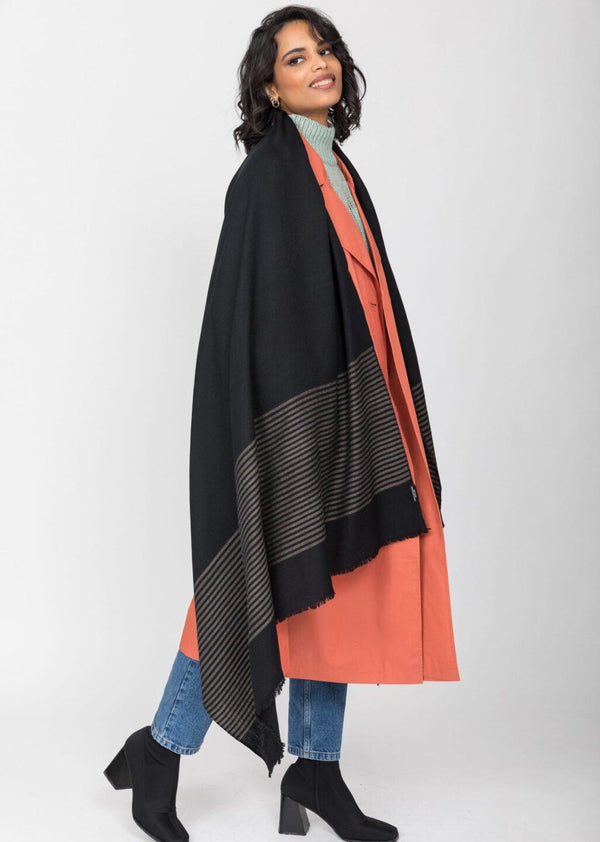 Likemary Multi-Use Merino Handmade Blanket Scarf In Black With Stripes