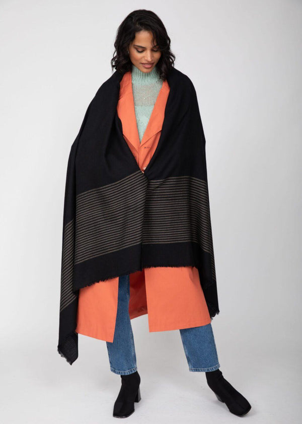 likemary Multi-Use Merino Handmade Blanket Scarf in Black with Stripes