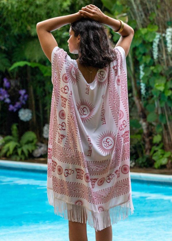 Likemary Om Print Kimono Beach Cover-Up – White With Tassel Trim
