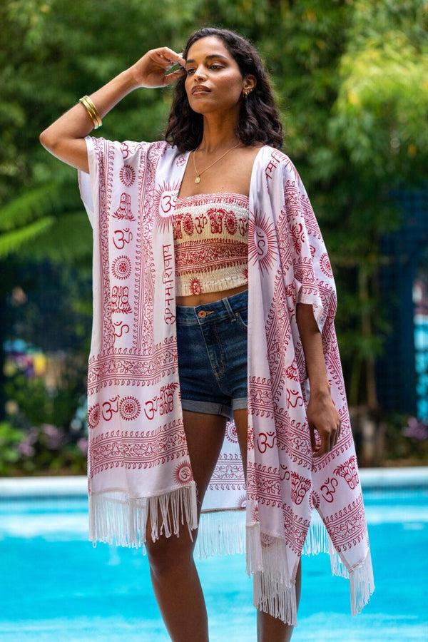 Likemary Om Print Kimono Beach Cover-Up – White With Tassel Trim