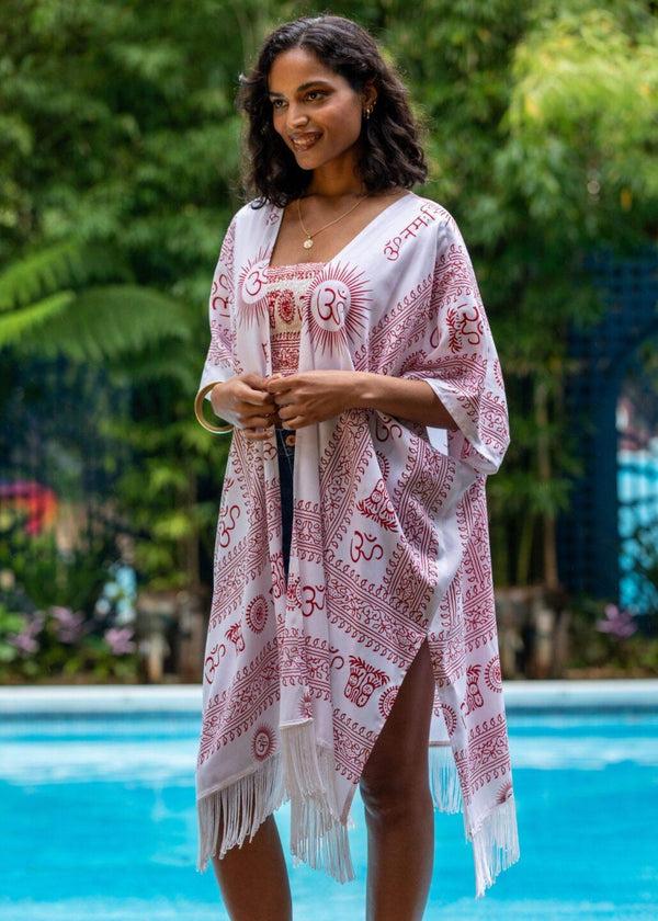 Likemary Om Print Kimono Beach Cover-Up – White With Tassel Trim