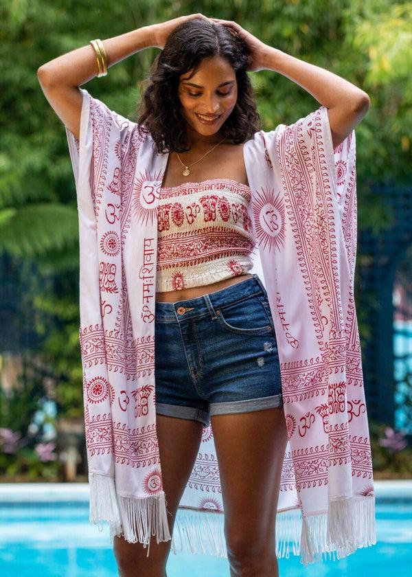likemary Om Print Kimono Beach Cover-Up – White with Tassel Trim