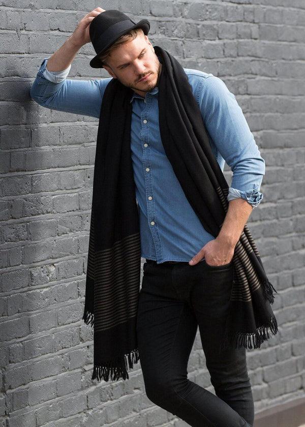 Likemary Oversized Black Merino Wool Scarf For Men - Stripes