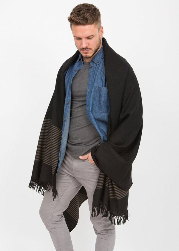 Likemary Oversized Black Merino Wool Scarf For Men - Stripes