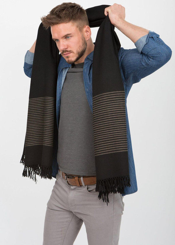 Likemary Oversized Black Merino Wool Scarf For Men - Stripes