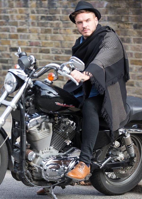 likemary Oversized Black Merino Wool Scarf for Men - Stripes