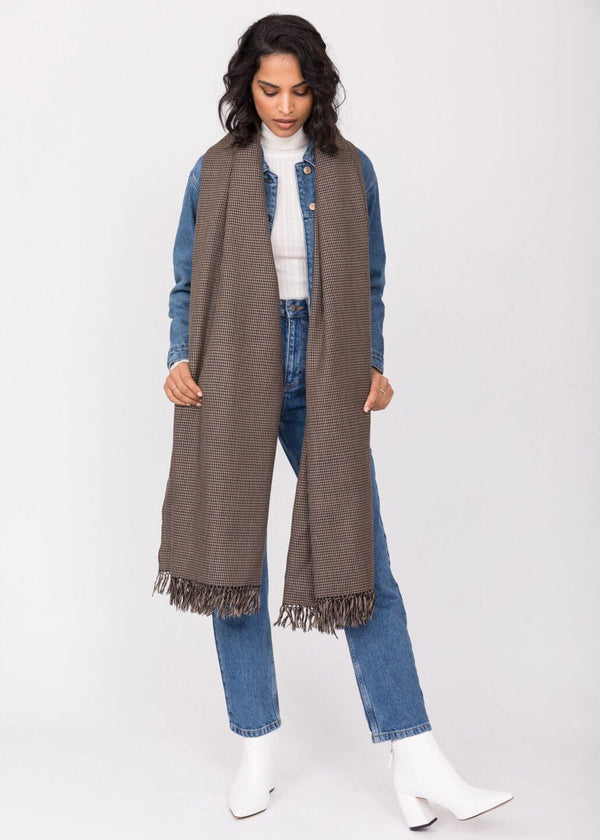 Likemary Oversized Merino Wool Blanket Scarf – Houndstooth Wrap In Mocha Brown