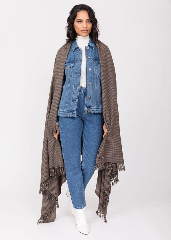 Likemary Oversized Merino Wool Blanket Scarf – Houndstooth Wrap In Mocha Brown