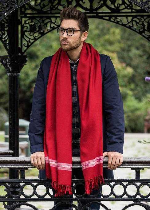 likemary Red Merino Wool Scarf for Men – Handwoven with Border